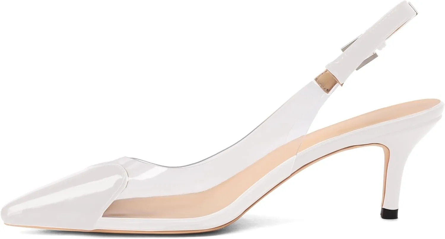 Women's Kitten Heel Transparent Slingback Pumps Pointed Toe Clear PVC Slip On Backless Cap Toe Cute Heart Mid Heel Patent Leather Elegant Sexy Slingbacks Heels