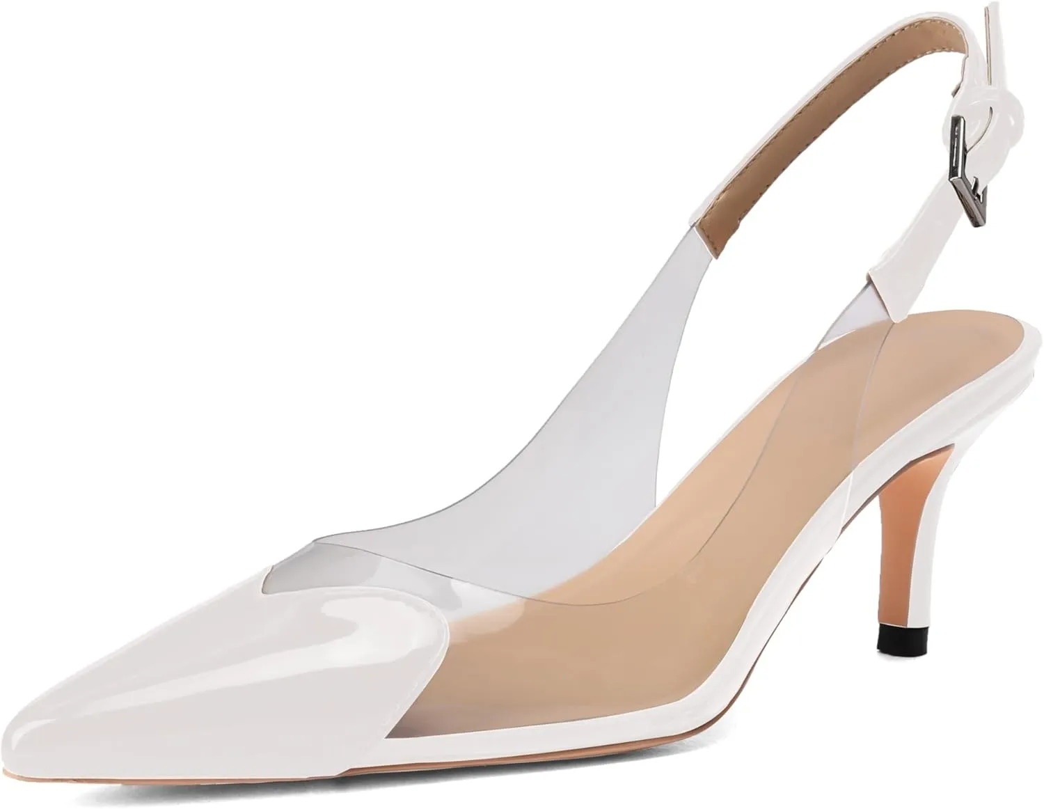 Women's Kitten Heel Transparent Slingback Pumps Pointed Toe Clear PVC Slip On Backless Cap Toe Cute Heart Mid Heel Patent Leather Elegant Sexy Slingbacks Heels
