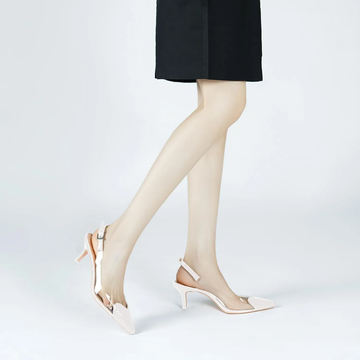 Women's Kitten Heel Transparent Slingback Pumps Pointed Toe Clear PVC Slip On Backless Cap Toe Cute Heart Mid Heel Patent Leather Elegant Sexy Slingbacks Heels