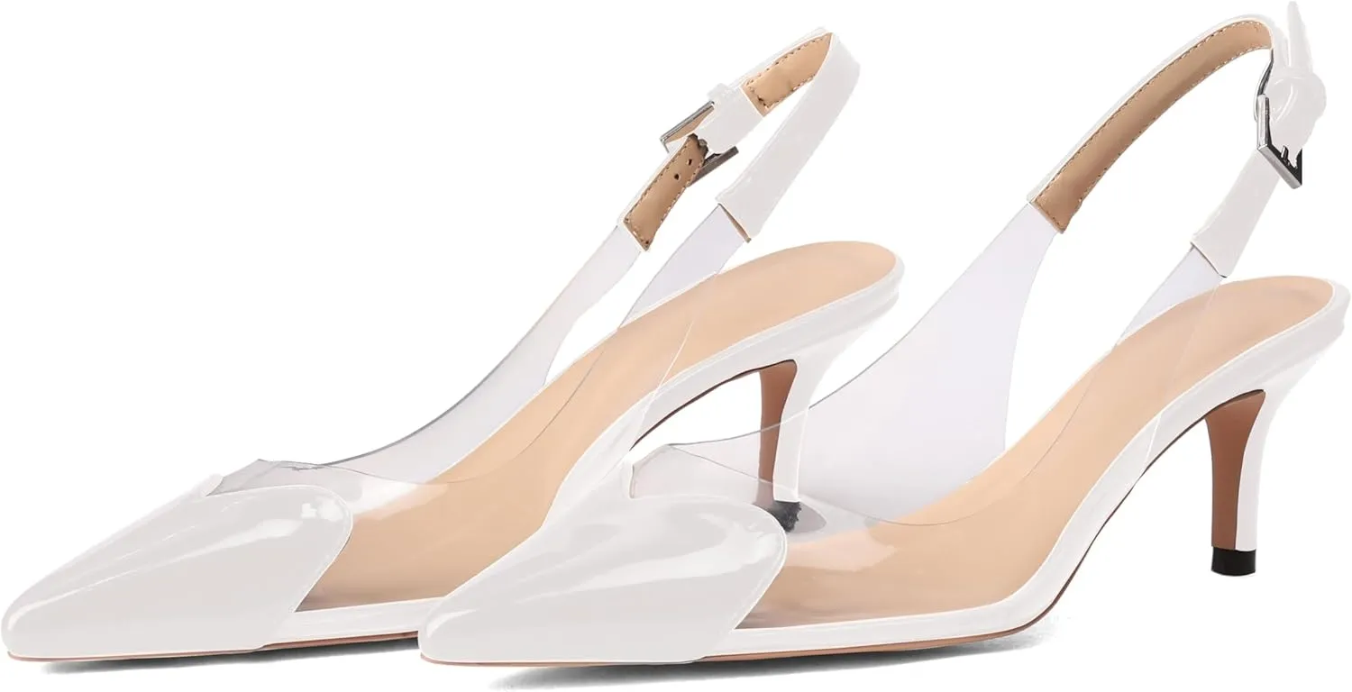 Women's Kitten Heel Transparent Slingback Pumps Pointed Toe Clear PVC Slip On Backless Cap Toe Cute Heart Mid Heel Patent Leather Elegant Sexy Slingbacks Heels