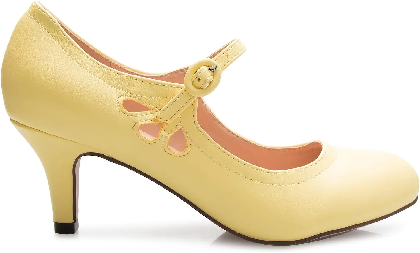 Women's Kitten Low Heels Round Toe Mary Jane Pumps - Adorable Vintage Retro Shoes- Unique Side Cut Out Design
