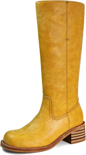 Women's Knee High Boots Square Toe Chunky Block Heel Long Boots for Women Comfortable Low Heel Womens Boots