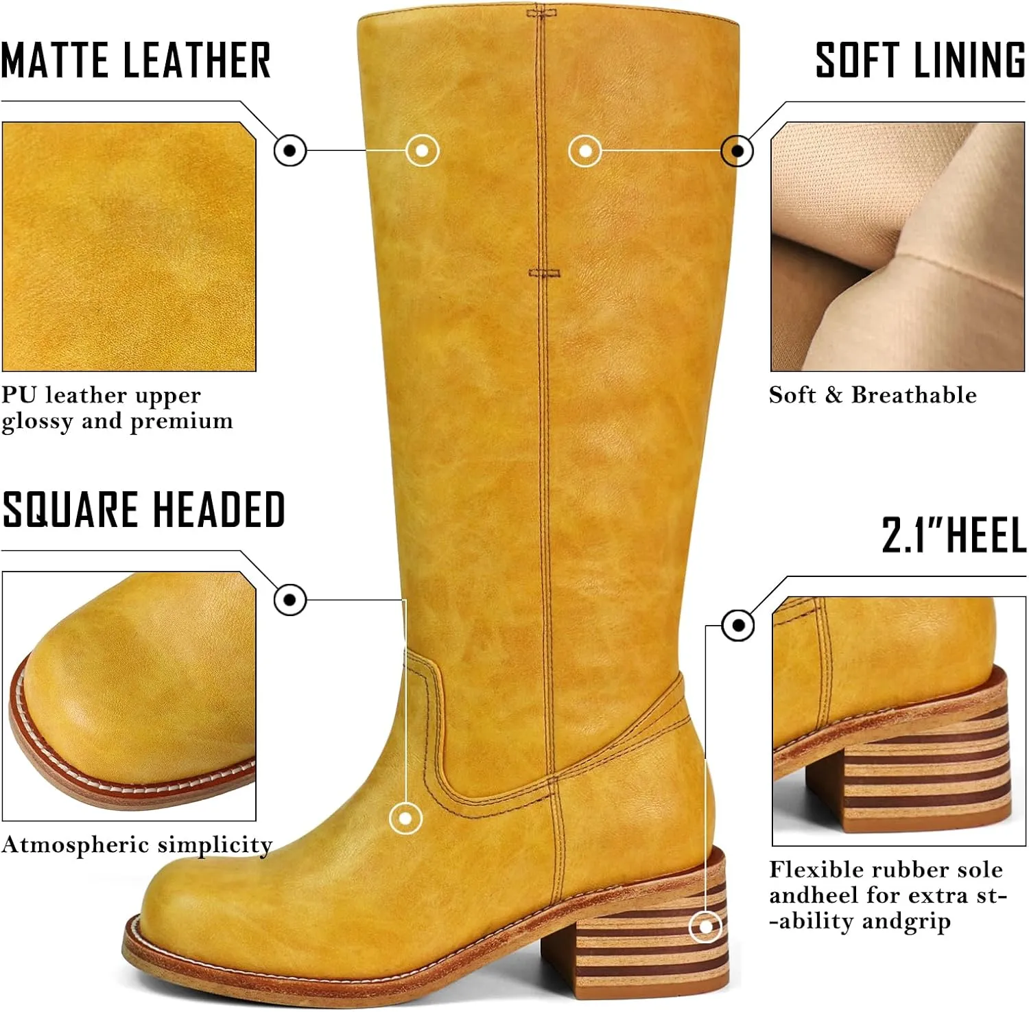 Women's Knee High Boots Square Toe Chunky Block Heel Long Boots for Women Comfortable Low Heel Womens Boots