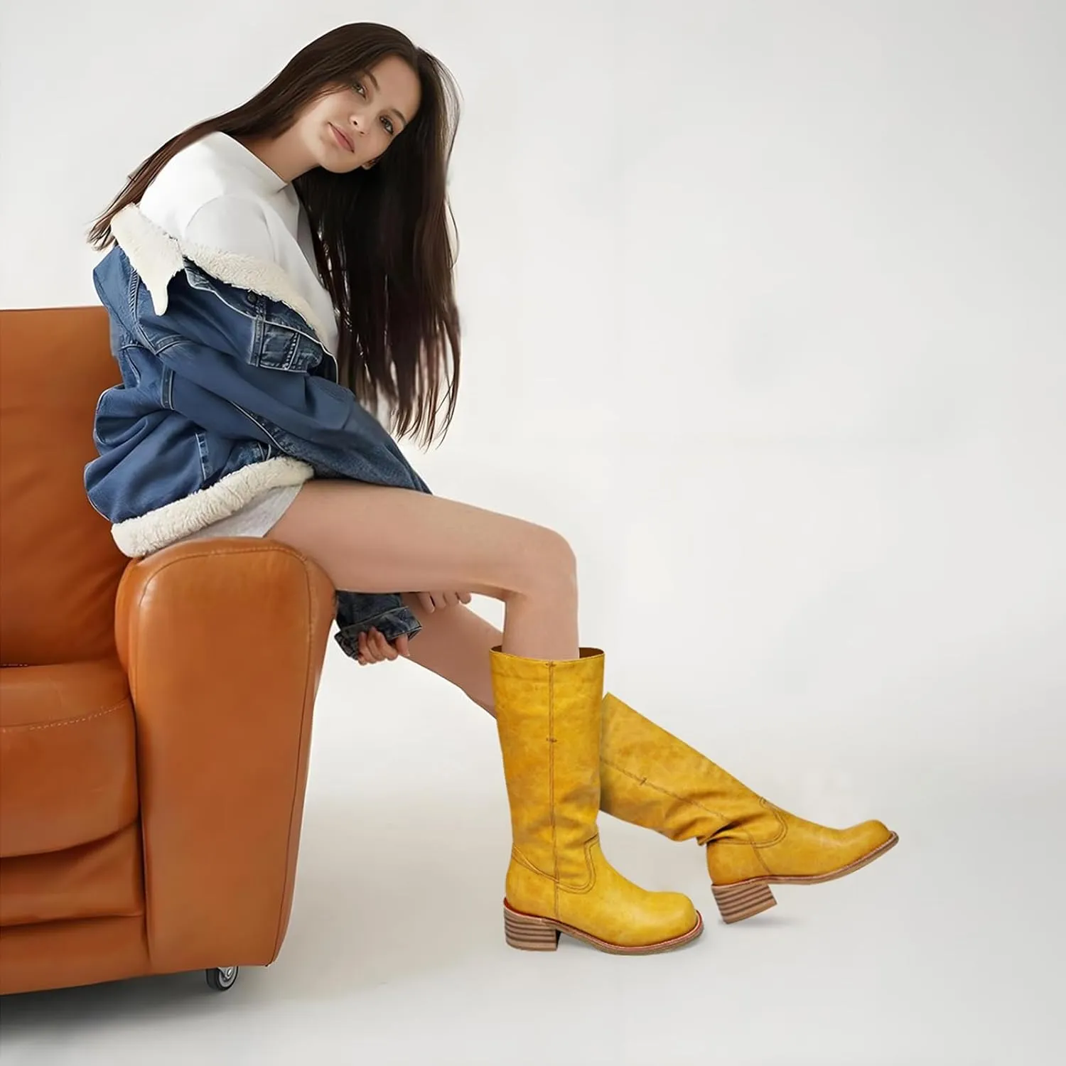 Women's Knee High Boots Square Toe Chunky Block Heel Long Boots for Women Comfortable Low Heel Womens Boots