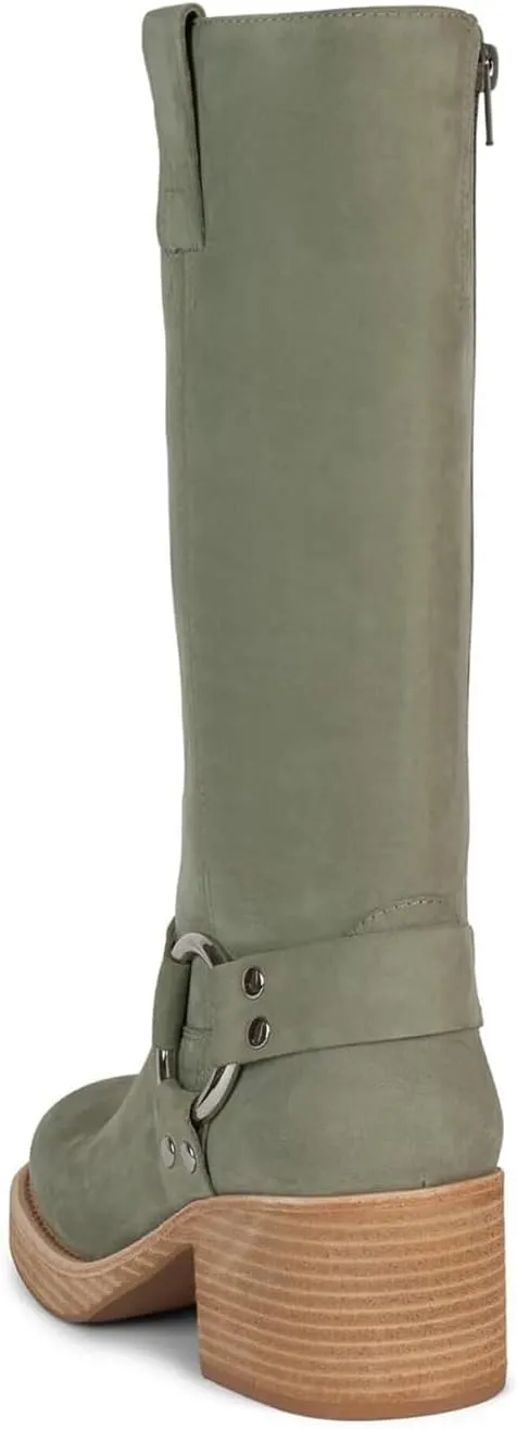 Women's Knee High Riding Boots Round Toe Block Heel Fashion Motorcycle Booties Side Zipper Wide Calf Biker Riding Boots with Studs