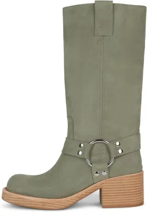 Women's Knee High Riding Boots Round Toe Block Heel Fashion Motorcycle Booties Side Zipper Wide Calf Biker Riding Boots with Studs