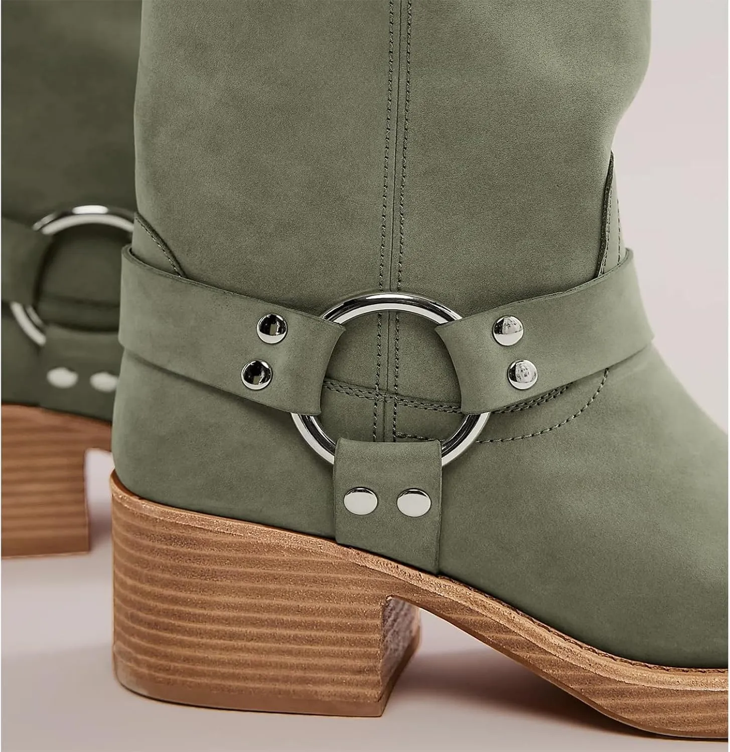 Women's Knee High Riding Boots Round Toe Block Heel Fashion Motorcycle Booties Side Zipper Wide Calf Biker Riding Boots with Studs