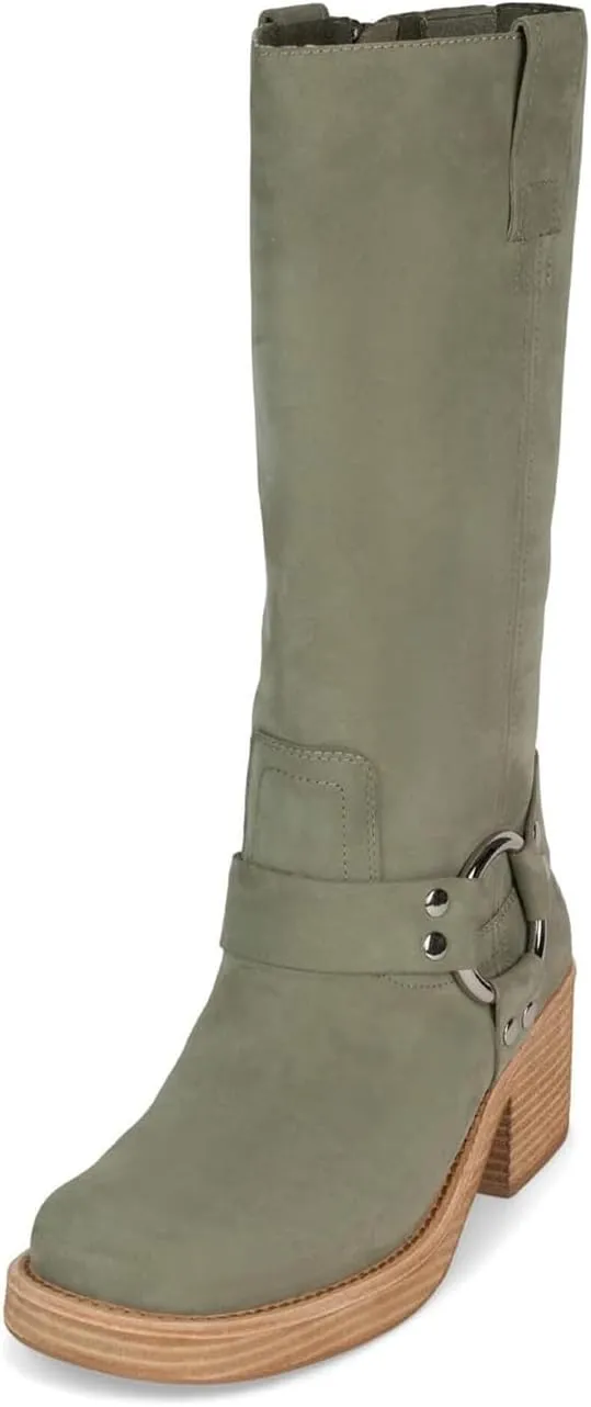 Women's Knee High Riding Boots Round Toe Block Heel Fashion Motorcycle Booties Side Zipper Wide Calf Biker Riding Boots with Studs