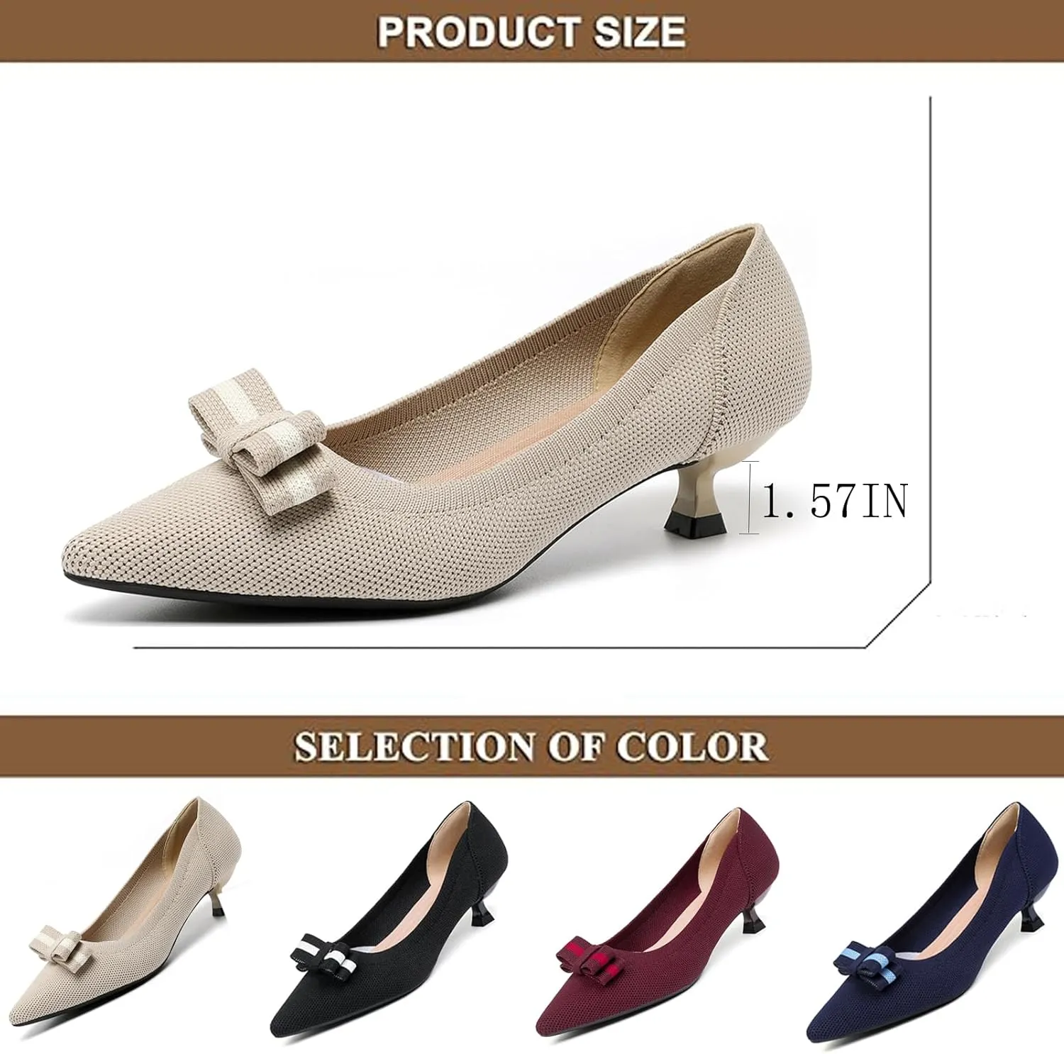 Women's Knit Kitten Heel Pumps Fashion Bow Decoration Closed Pointed Toe Slip On Low Heel Dress Shoe Summer Comfort Breathable Mesh Formal Pumps for Everyday Parties Evening Dates