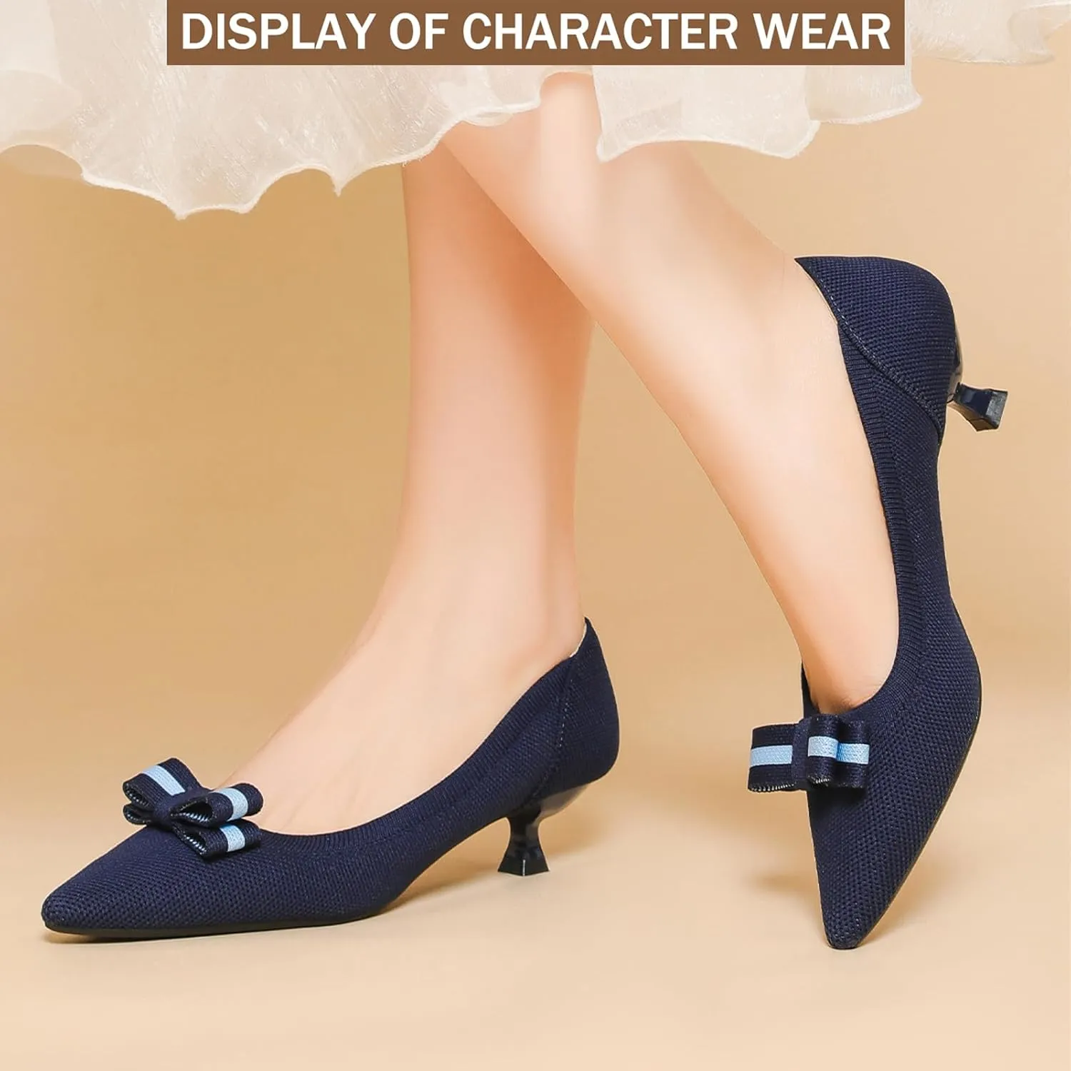 Women's Knit Kitten Heel Pumps Fashion Bow Decoration Closed Pointed Toe Slip On Low Heel Dress Shoe Summer Comfort Breathable Mesh Formal Pumps for Everyday Parties Evening Dates