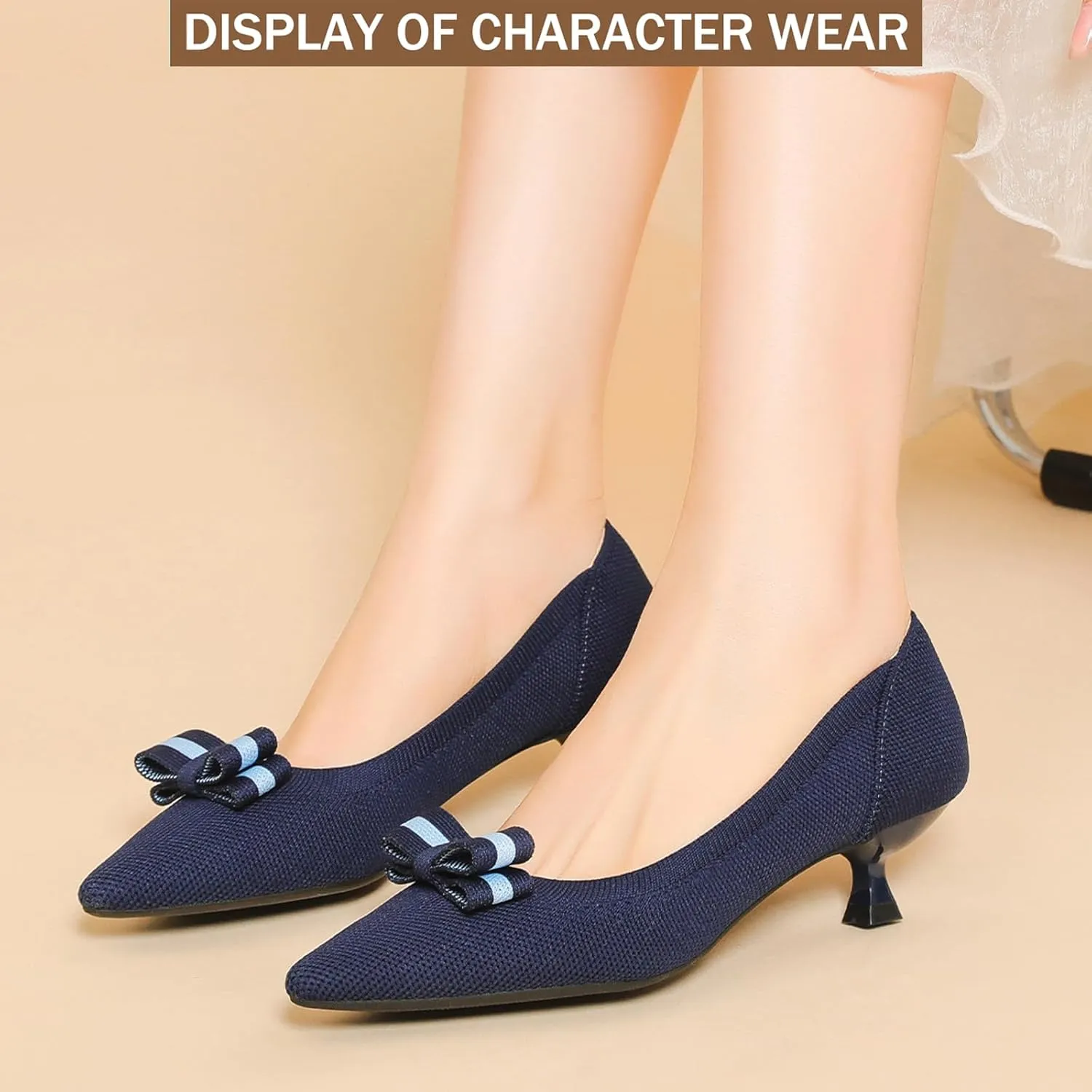 Women's Knit Kitten Heel Pumps Fashion Bow Decoration Closed Pointed Toe Slip On Low Heel Dress Shoe Summer Comfort Breathable Mesh Formal Pumps for Everyday Parties Evening Dates