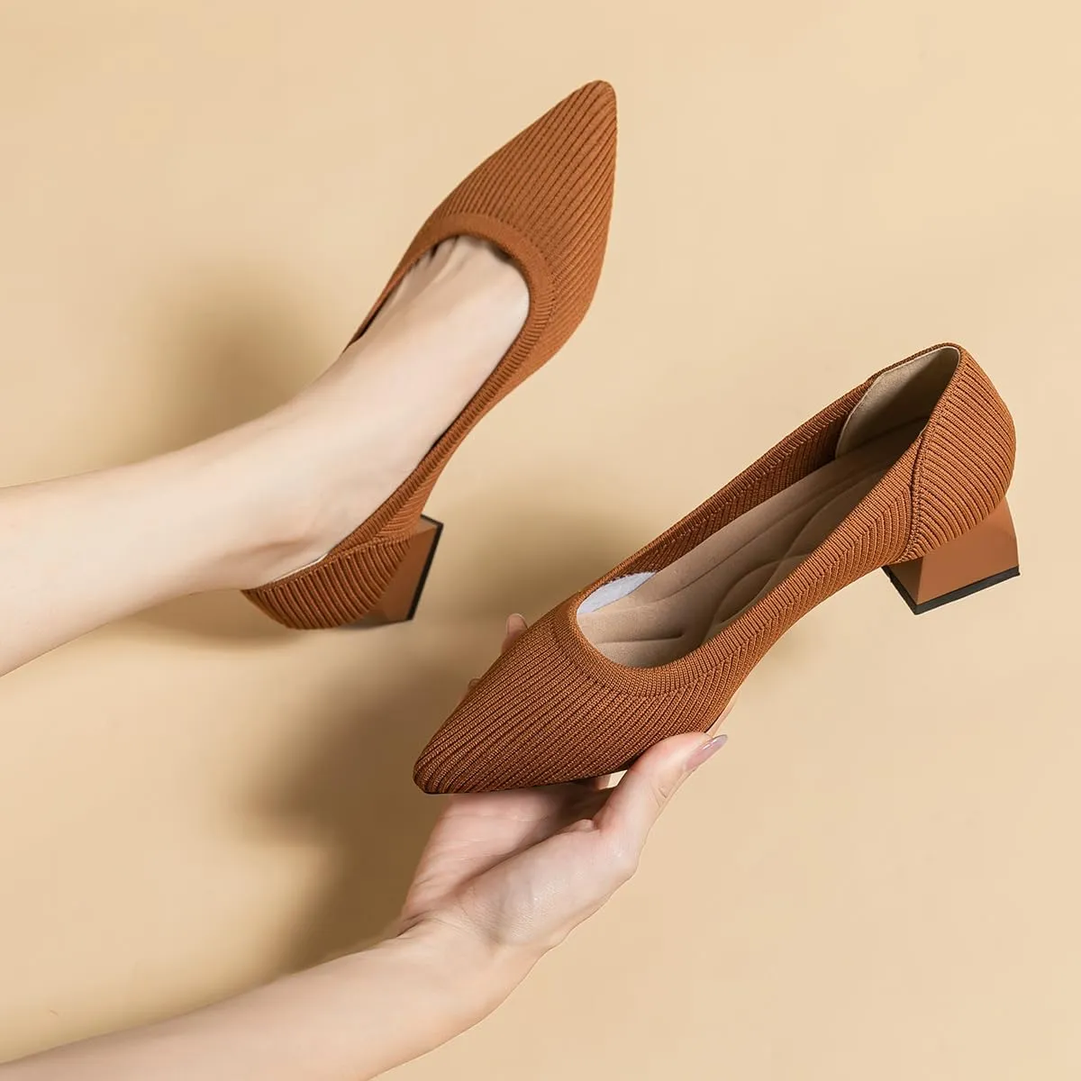 Women's Knit Pumps Block Heel Slip On Sweater Pointed Toe Low Heel Knitted Pumps
