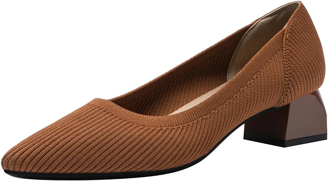 Women's Knit Pumps Block Heel Slip On Sweater Pointed Toe Low Heel Knitted Pumps