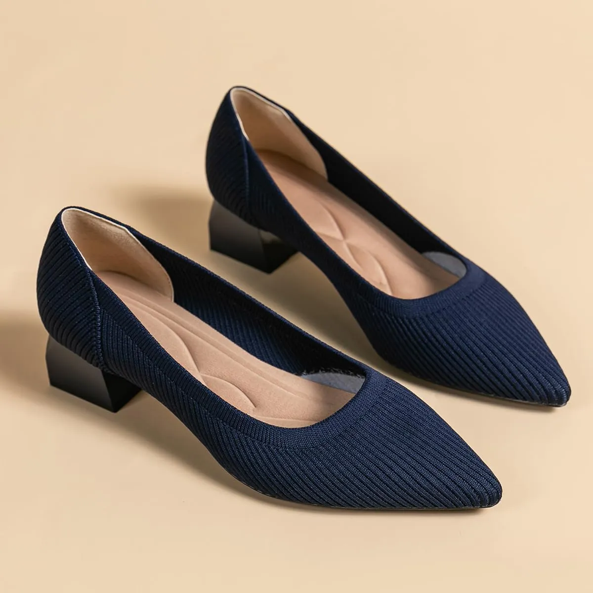 Women's Knit Pumps Block Heel Slip On Sweater Pointed Toe Low Heel Knitted Pumps