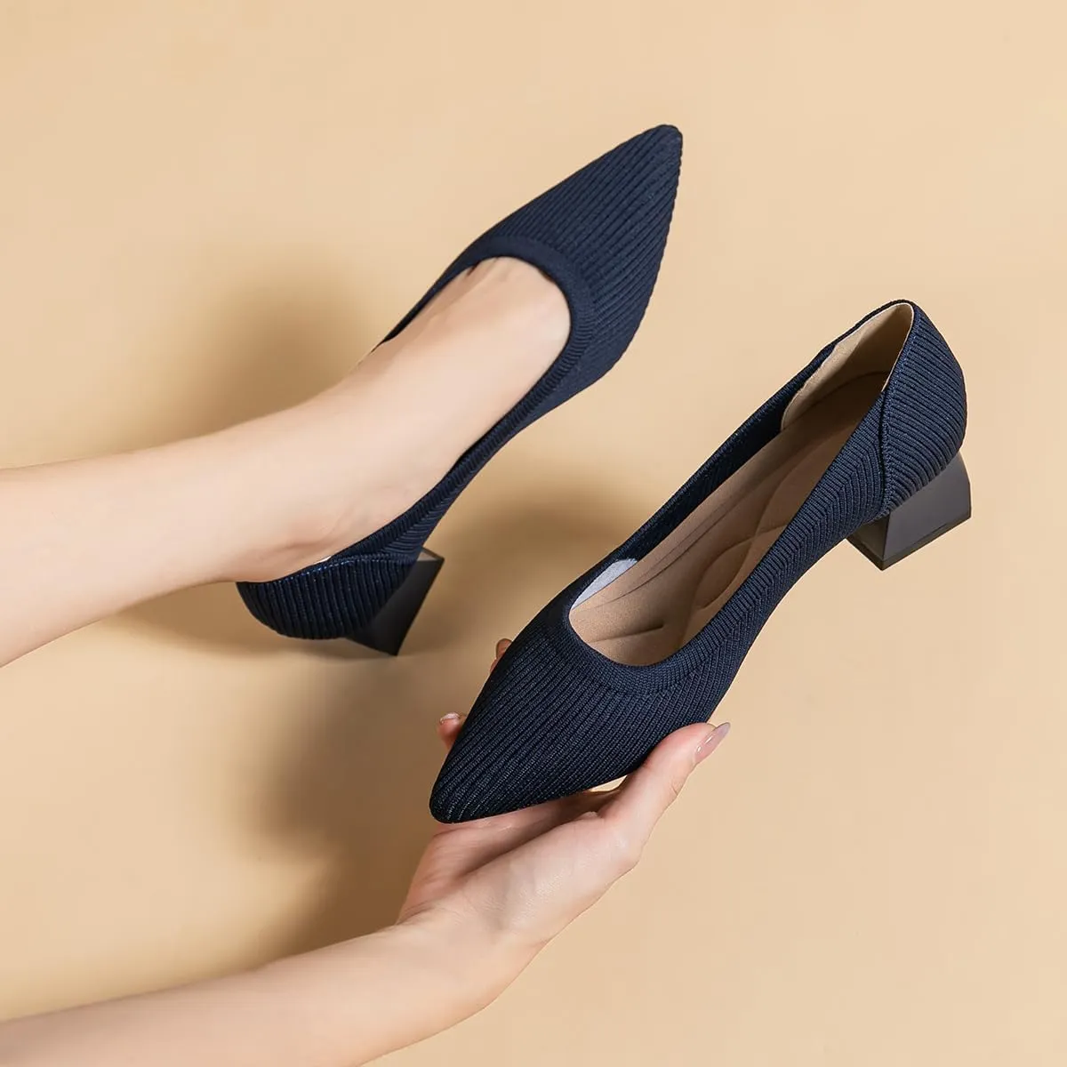 Women's Knit Pumps Block Heel Slip On Sweater Pointed Toe Low Heel Knitted Pumps