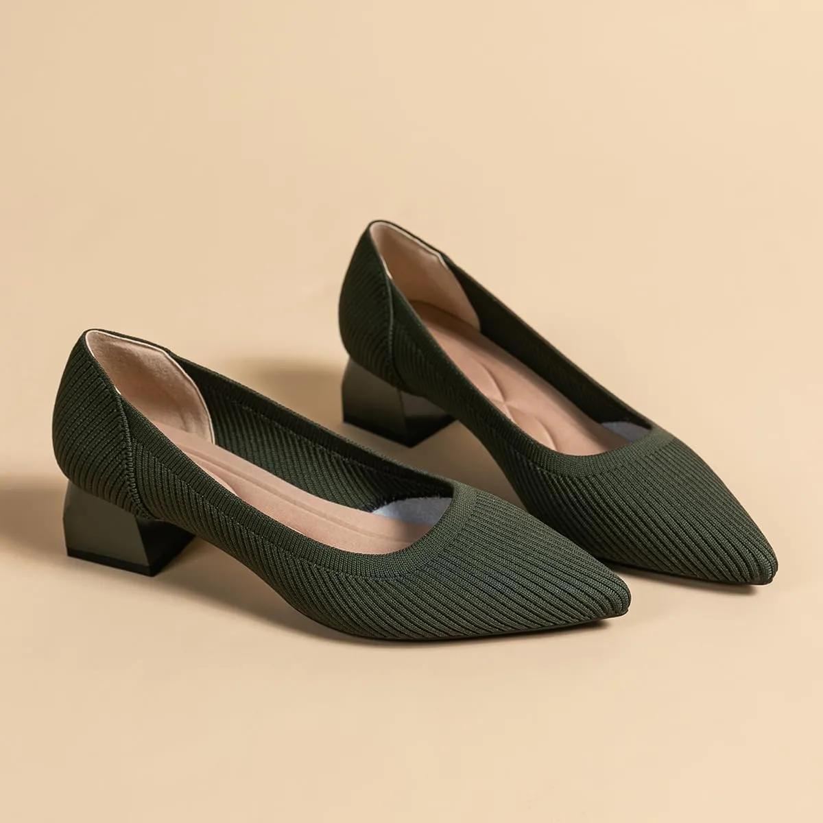 Women's Knit Pumps Block Heel Slip On Sweater Pointed Toe Low Heel Knitted Pumps