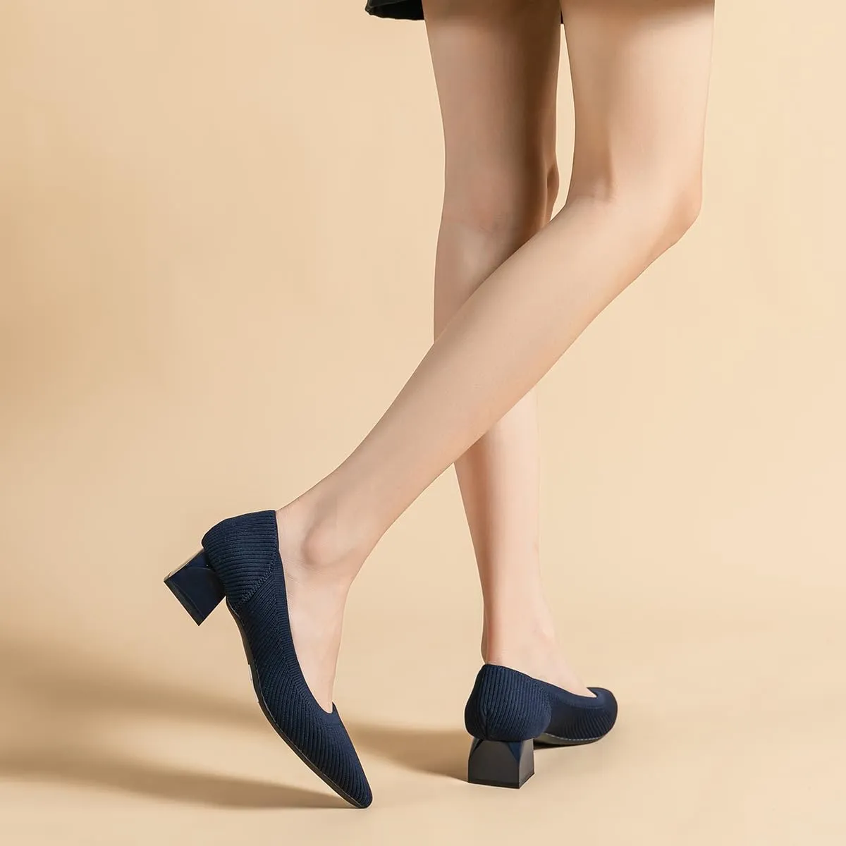 Women's Knit Pumps Block Heel Slip On Sweater Pointed Toe Low Heel Knitted Pumps