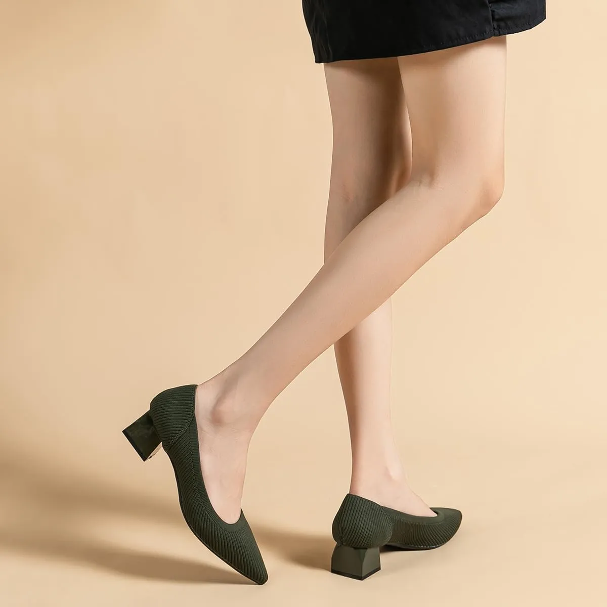 Women's Knit Pumps Block Heel Slip On Sweater Pointed Toe Low Heel Knitted Pumps