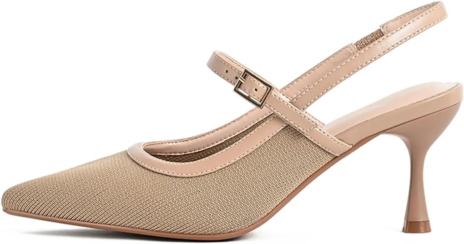 Women'S Knitted Slingback Kitten Heel High Heels Pointed Closed Toe Elegant Wedding Pumps With Ankle Strap Summer Breathable Formal Comfortable Shoes