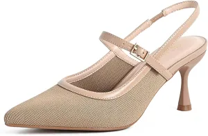 Women'S Knitted Slingback Kitten Heel High Heels Pointed Closed Toe Elegant Wedding Pumps With Ankle Strap Summer Breathable Formal Comfortable Shoes