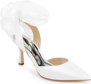 Womens Lace up Satin Heels Bow Pointed Closed Toe Bridal Dress Shoes Low Heel Wedding Elegant Pumps