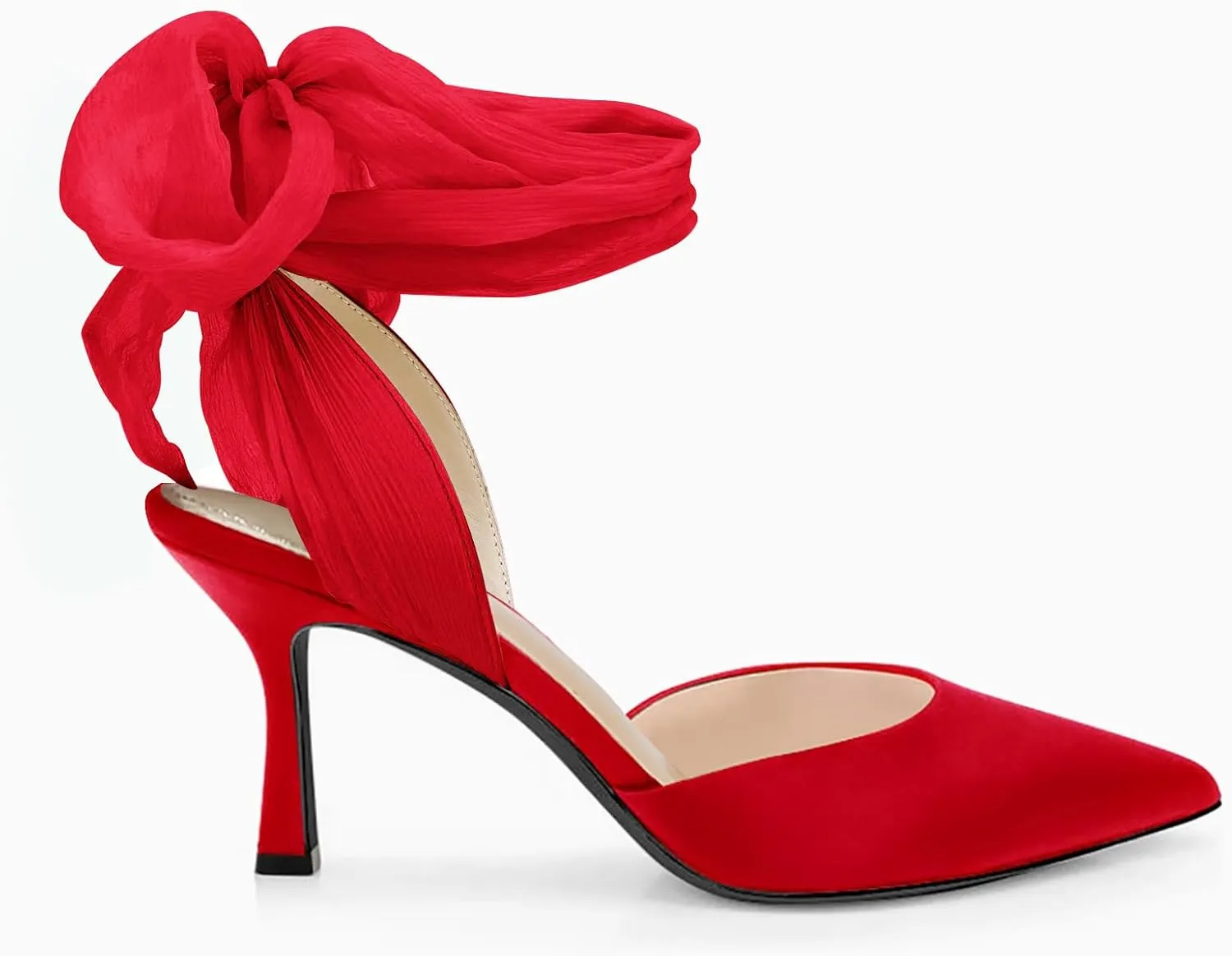 Womens Lace up Satin Heels Bow Pointed Closed Toe Bridal Dress Shoes Low Heel Wedding Elegant Pumps