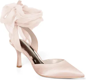 Womens Lace up Satin Heels Bow Pointed Closed Toe Bridal Dress Shoes Low Heel Wedding Elegant Pumps