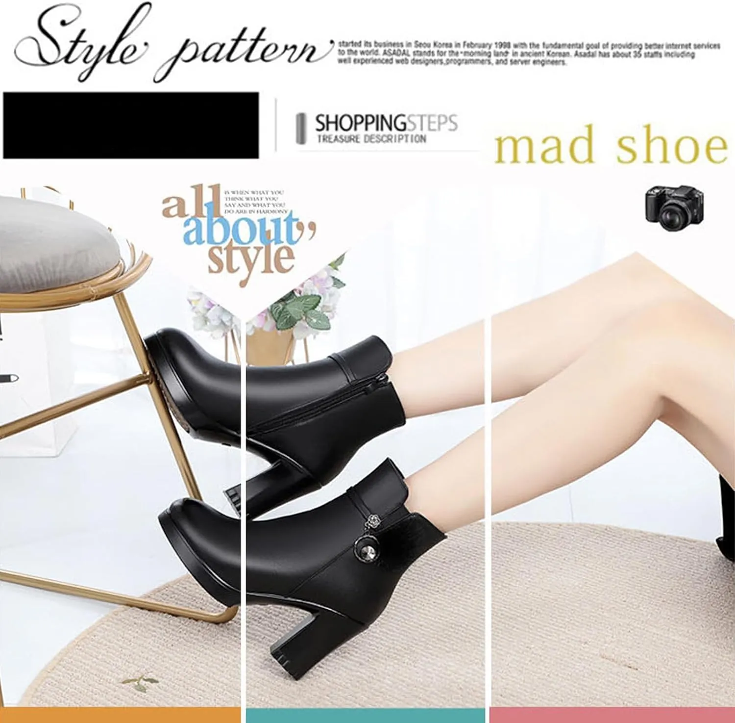 Women's Leather Platform Chunky Heel Ankle Boots with Rhinestone Belt Buckle Decor Fashion Pointed Toe Side Zipper High Block Heels Dress Boots