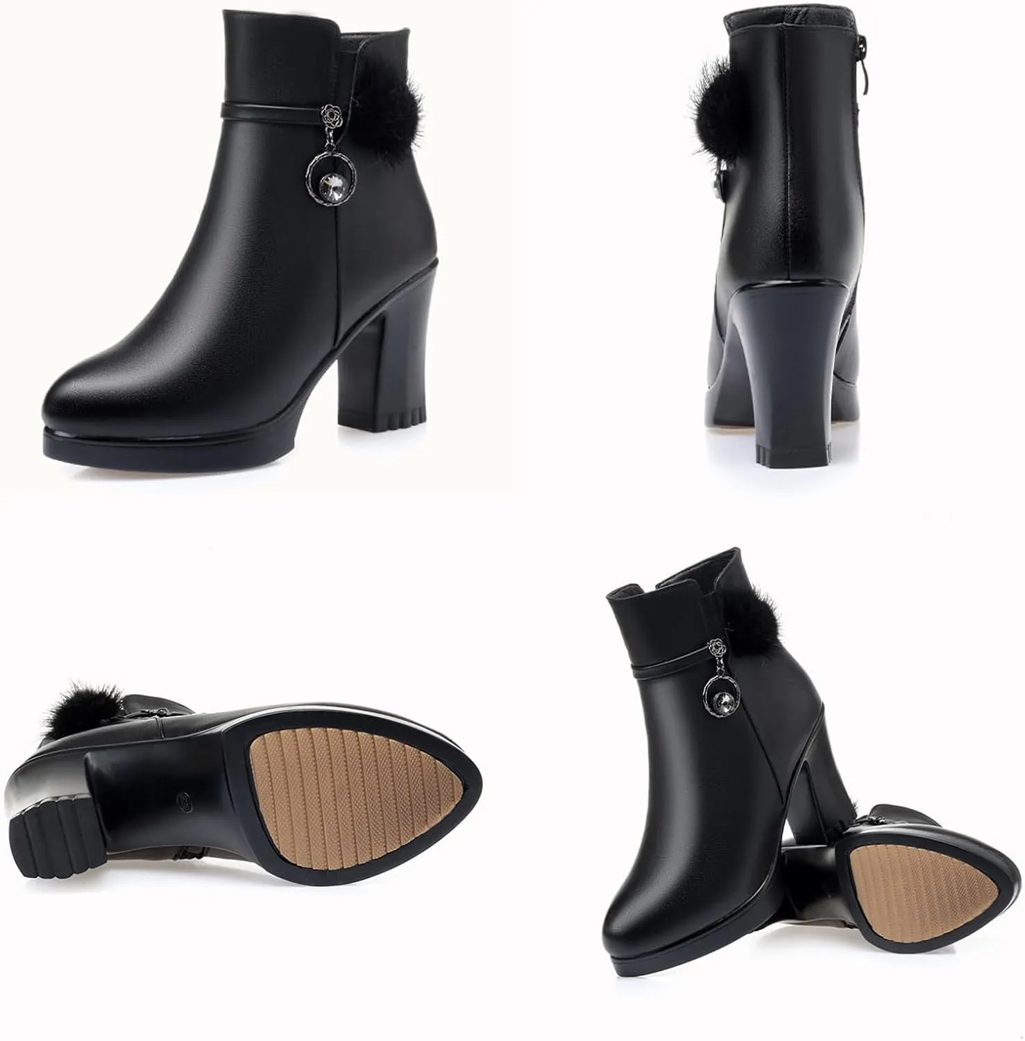 Women's Leather Platform Chunky Heel Ankle Boots with Rhinestone Belt Buckle Decor Fashion Pointed Toe Side Zipper High Block Heels Dress Boots