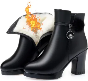 Women's Leather Platform Chunky Heel Ankle Boots with Rhinestone Belt Buckle Decor Fashion Pointed Toe Side Zipper High Block Heels Dress Boots
