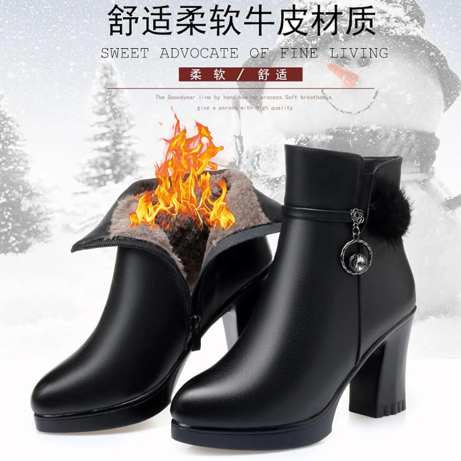 Women's Leather Platform Chunky Heel Ankle Boots with Rhinestone Belt Buckle Decor Fashion Pointed Toe Side Zipper High Block Heels Dress Boots