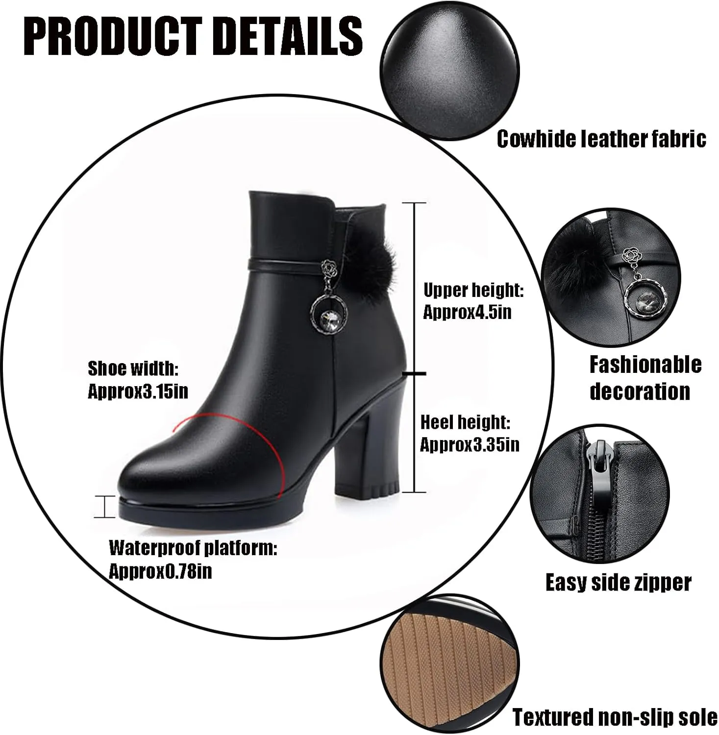 Women's Leather Platform Chunky Heel Ankle Boots with Rhinestone Belt Buckle Decor Fashion Pointed Toe Side Zipper High Block Heels Dress Boots