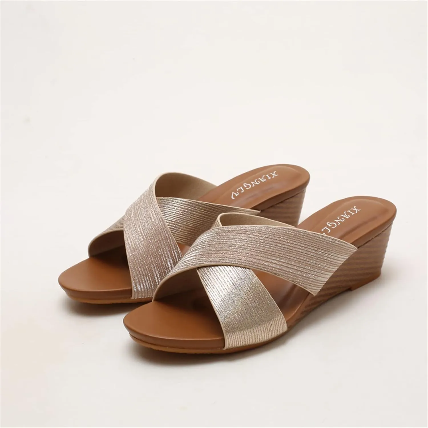 Women's Leather Platform Wedge Sandals Shiny Fashion Roman Bohemian Open Toe Slip-On Beach Casual High Heels Dressy Slippers