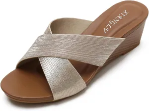 Women's Leather Platform Wedge Sandals Shiny Fashion Roman Bohemian Open Toe Slip-On Beach Casual High Heels Dressy Slippers