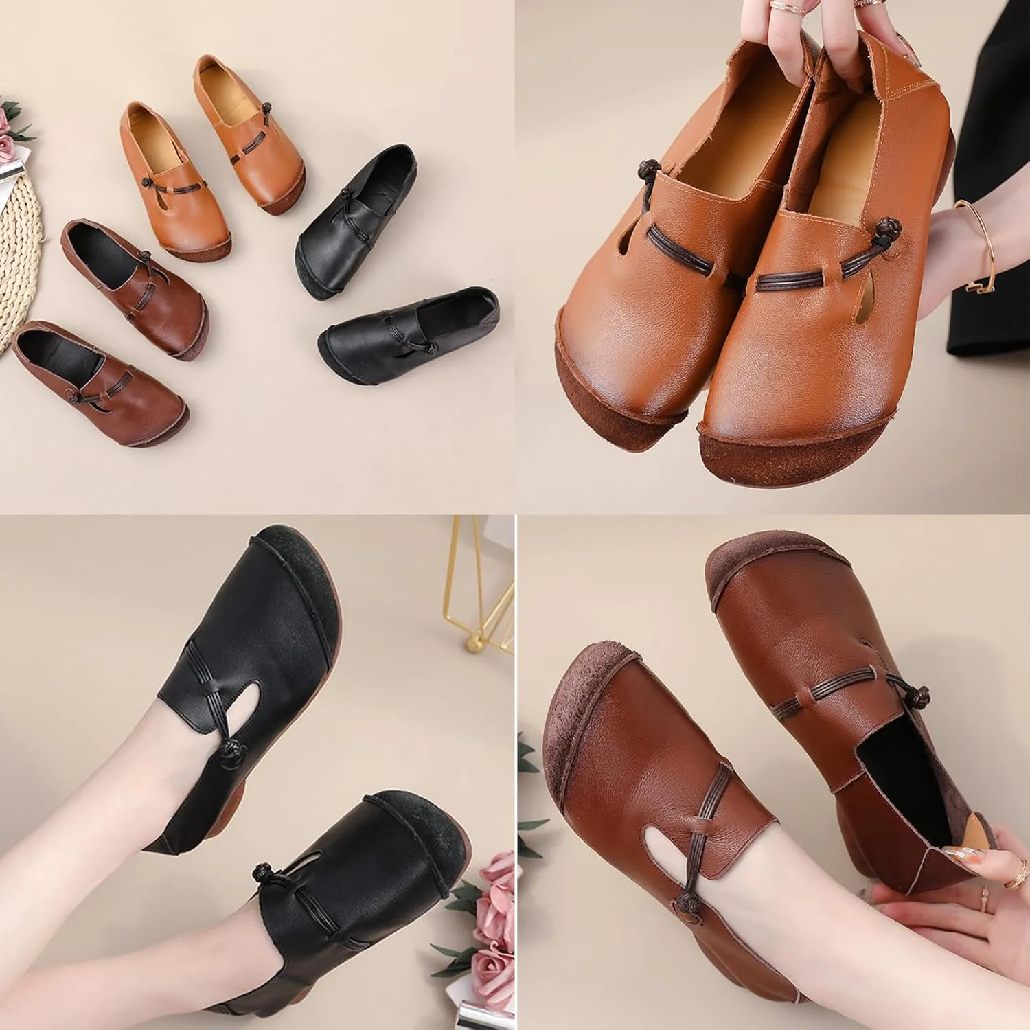 Women's Leather Slip On Flats Dress Shoes,Vintage Lightweight Comfort Non-Slip Oxford Soft Sole Frog Casual Loafers