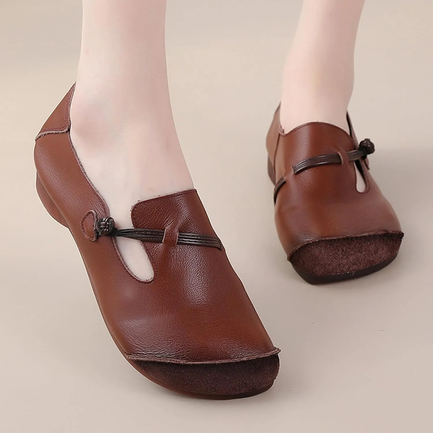 Women's Leather Slip On Flats Dress Shoes,Vintage Lightweight Comfort Non-Slip Oxford Soft Sole Frog Casual Loafers