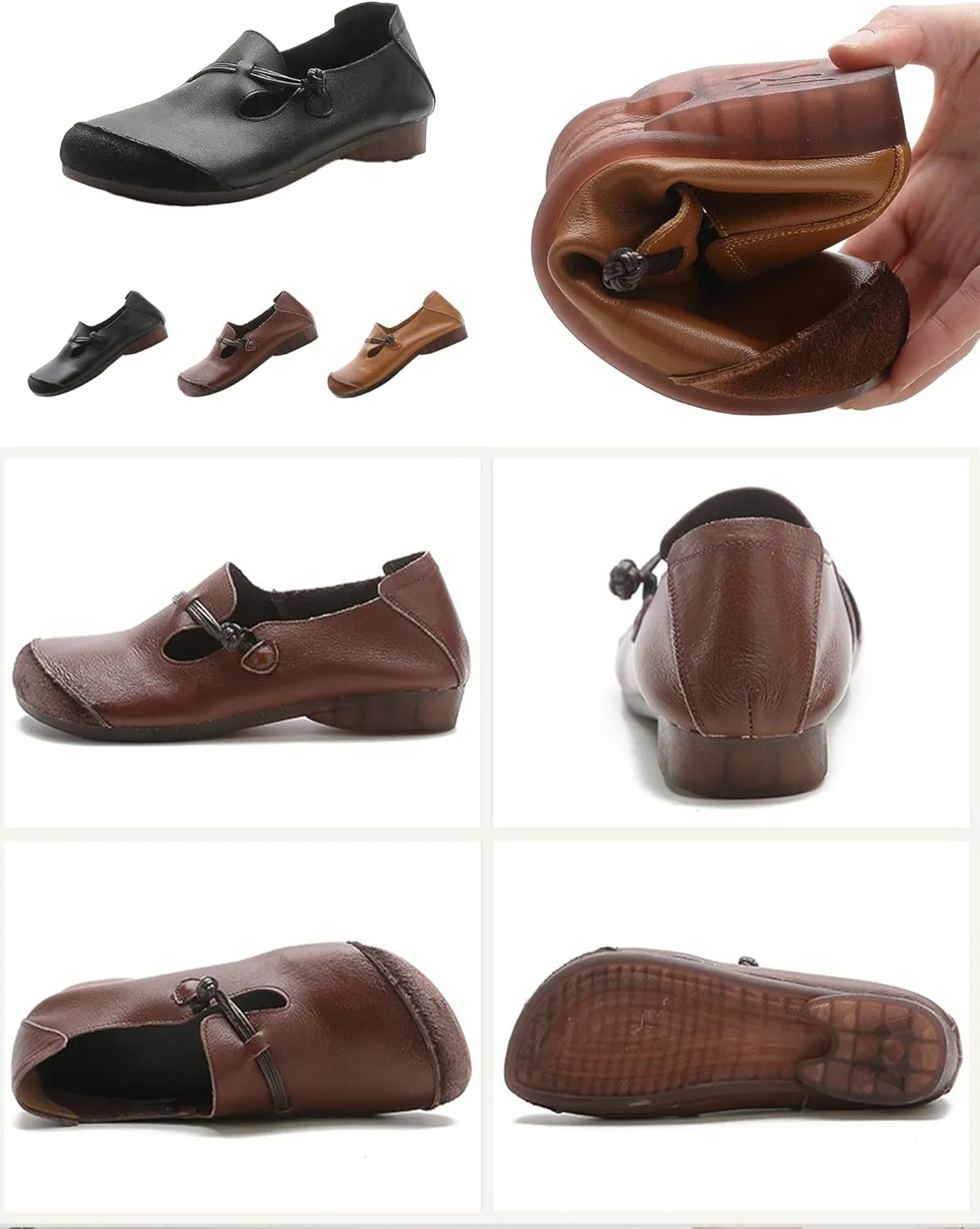Women's Leather Slip On Flats Dress Shoes,Vintage Lightweight Comfort Non-Slip Oxford Soft Sole Frog Casual Loafers