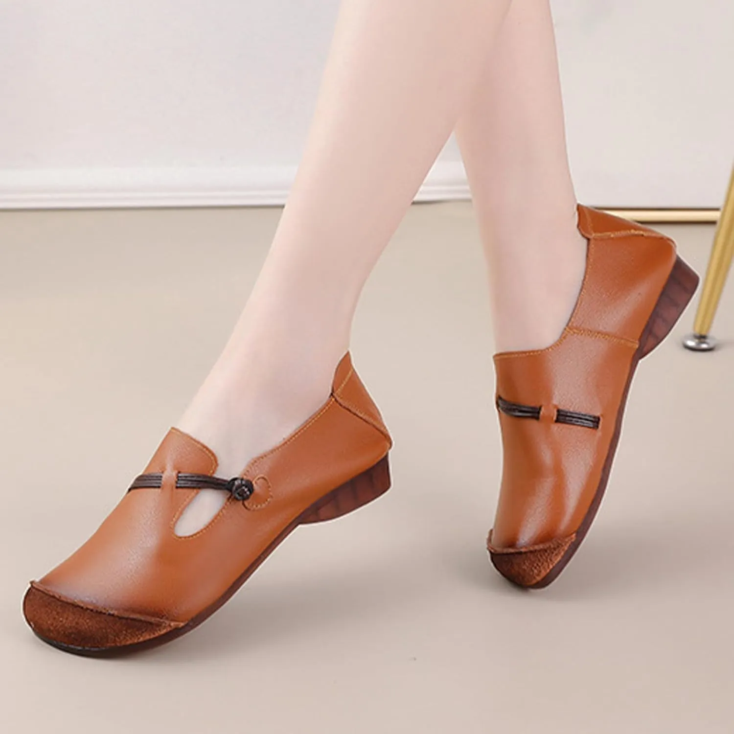 Women's Leather Slip On Flats Dress Shoes,Vintage Lightweight Comfort Non-Slip Oxford Soft Sole Frog Casual Loafers