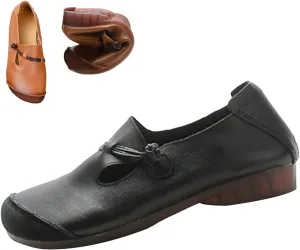 Women's Leather Slip On Flats Dress Shoes,Vintage Lightweight Comfort Non-Slip Oxford Soft Sole Frog Casual Loafers