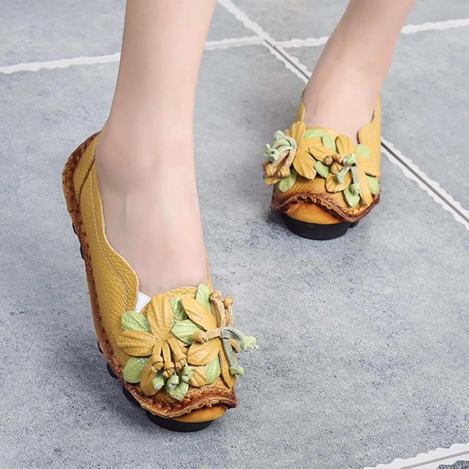 Women's Leather Slip On Loafers,Vintage Handmade Flower Comfy Soft Non-Slip Muffin Platform Walking Casual Dress Pumps