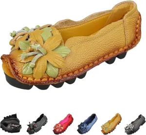 Women's Leather Slip On Loafers,Vintage Handmade Flower Comfy Soft Non-Slip Muffin Platform Walking Casual Dress Pumps