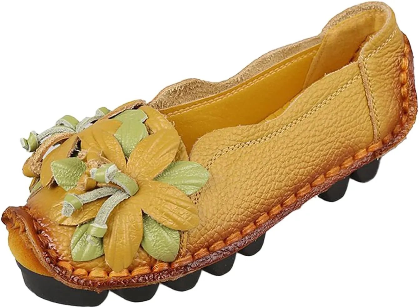 Women's Leather Slip On Loafers,Vintage Handmade Flower Comfy Soft Non-Slip Muffin Platform Walking Casual Dress Pumps