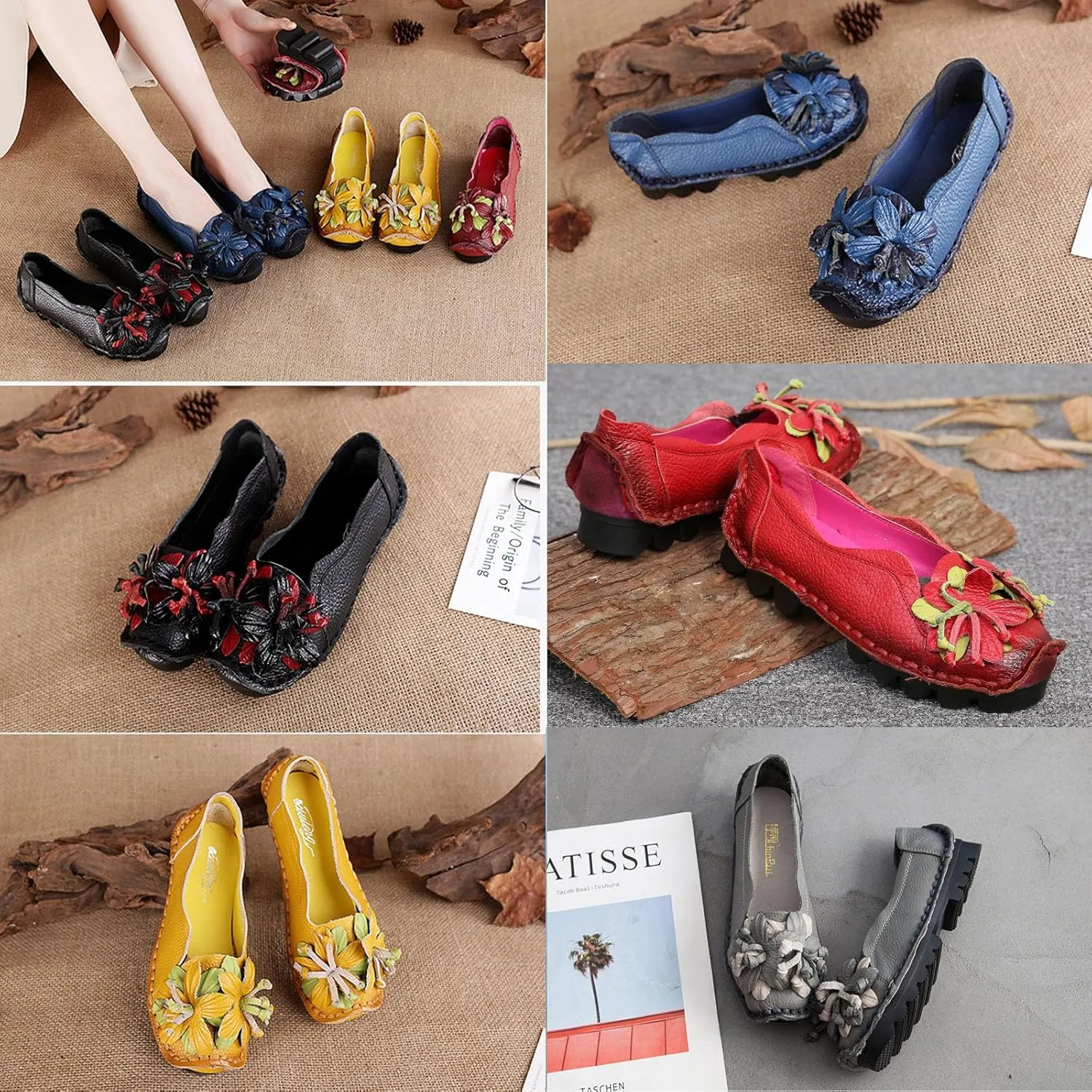 Women's Leather Slip On Loafers,Vintage Handmade Flower Comfy Soft Non-Slip Muffin Platform Walking Casual Dress Pumps