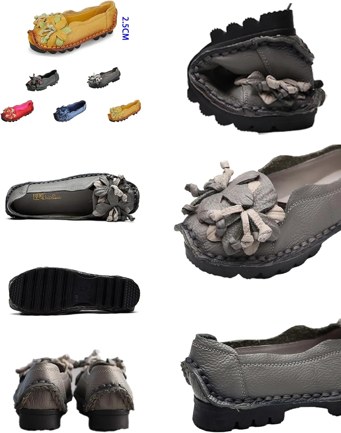 Women's Leather Slip On Loafers,Vintage Handmade Flower Comfy Soft Non-Slip Muffin Platform Walking Casual Dress Pumps