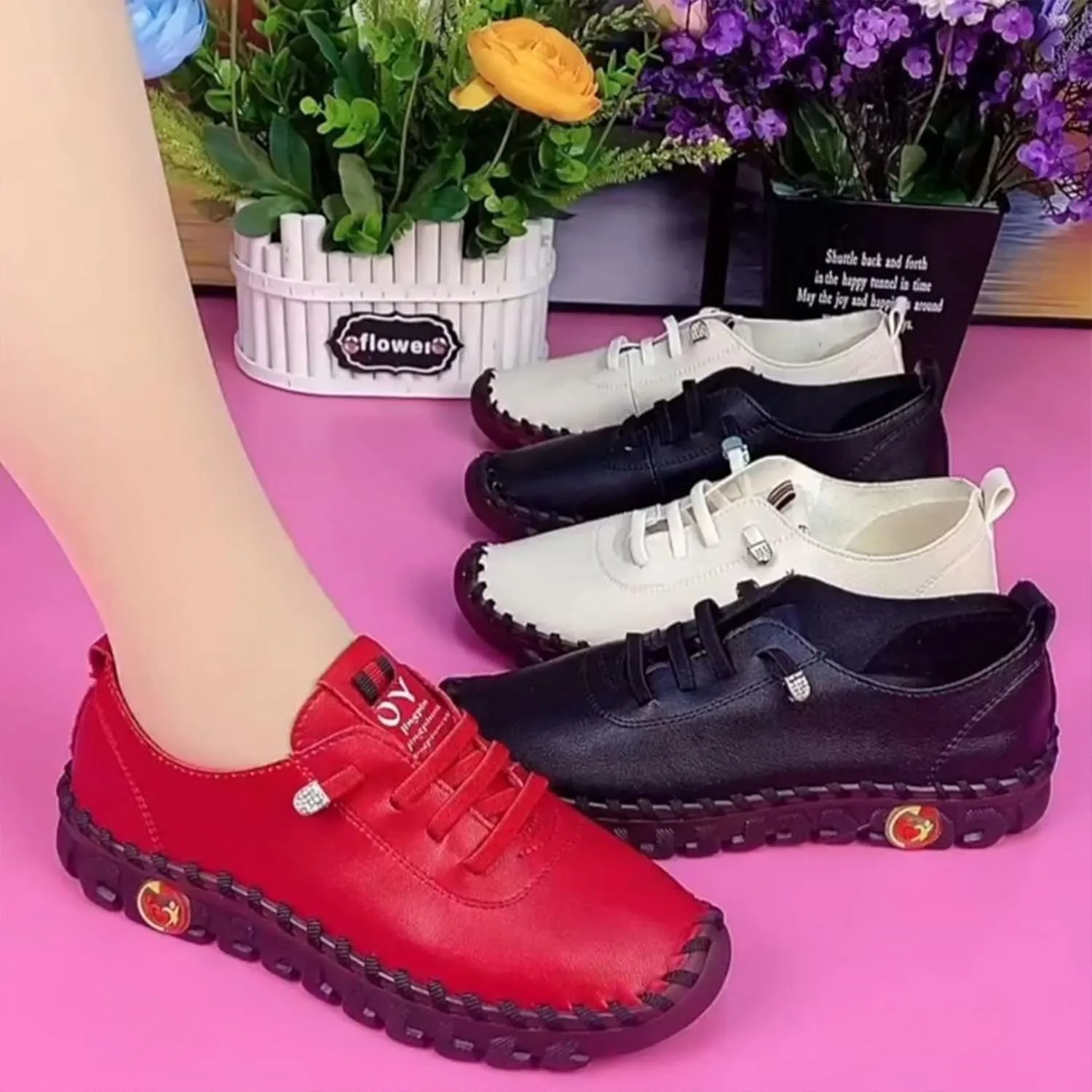 Women's Leather Soft Bottom Beef Tendon Flat Loafers Handmade Slip On Breathable Round Head Non-Slip Mom Wedge Leisure Shoes