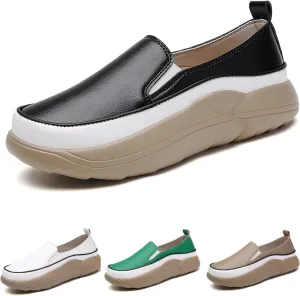 Women's Leather Soft Slip-On Loafers,Round Toe Platform Casual Sneakers,Non-Slip Heighten Low Top Comfortable Walking Loafers