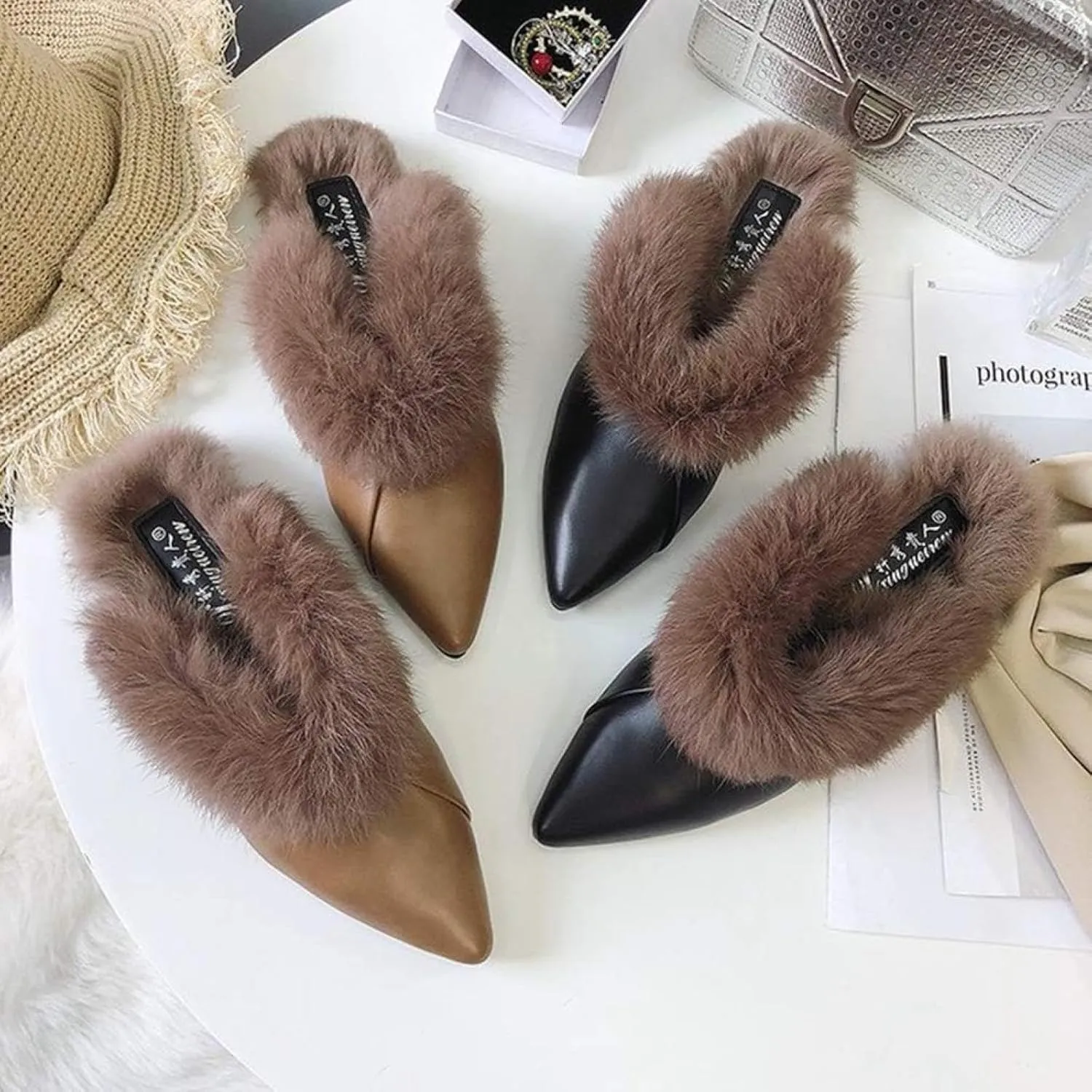 Women's Loafers, Comfortable Fur Velvet Backless Pointed Mule Slippers