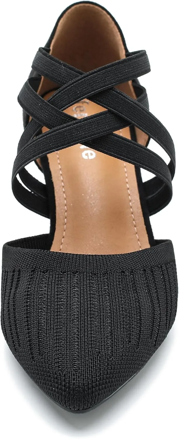 Women's Low Kitten Heels Knit Pumps Elastic Crisscross Ankle Strap Slip On Dress Shoes