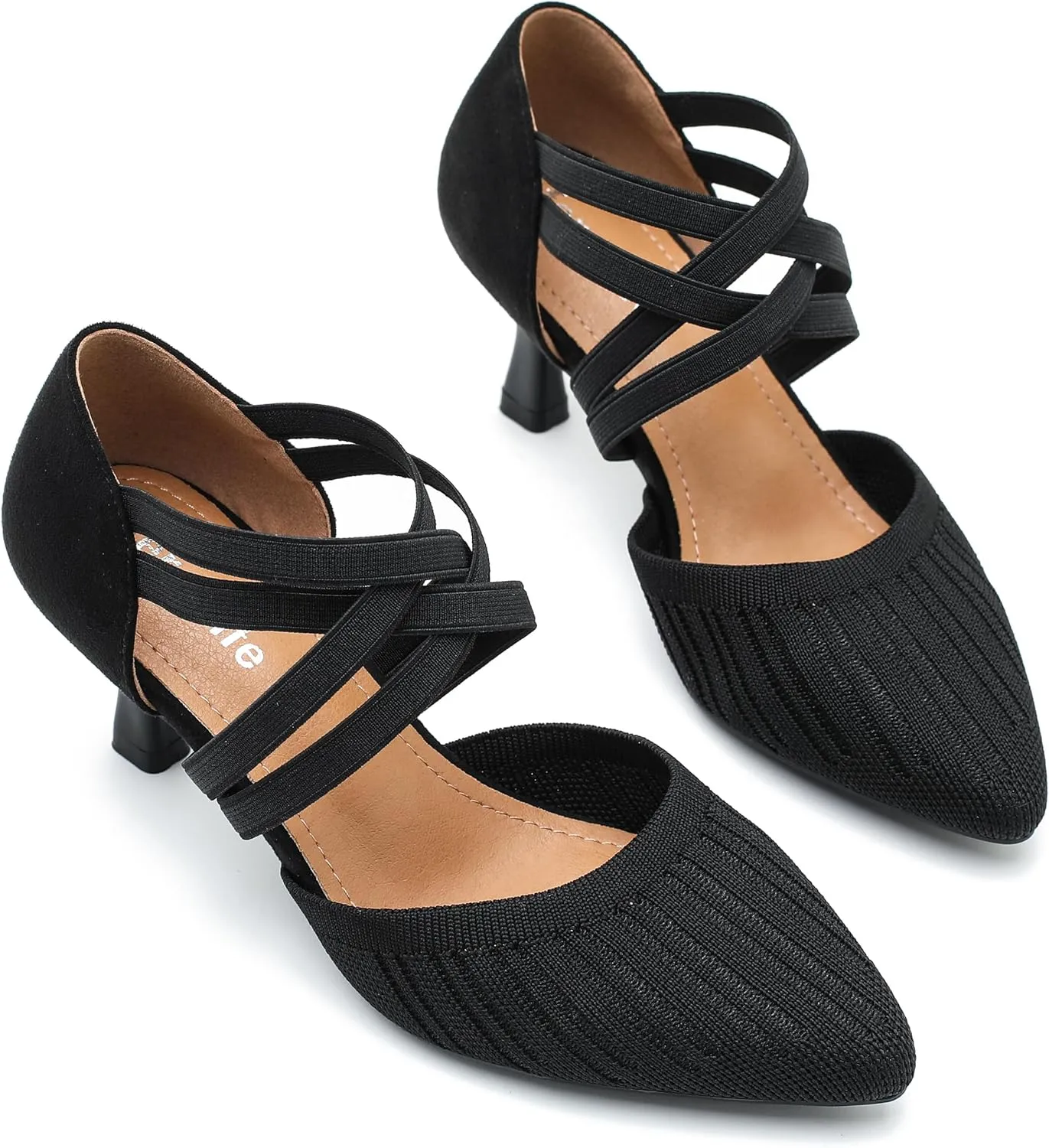 Women's Low Kitten Heels Knit Pumps Elastic Crisscross Ankle Strap Slip On Dress Shoes