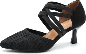 Women's Low Kitten Heels Knit Pumps Elastic Crisscross Ankle Strap Slip On Dress Shoes